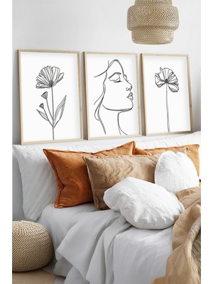 Huhuli Ahsap Cerceveli Minimalist Line Art 3'lu Tablo Seti HUHU533