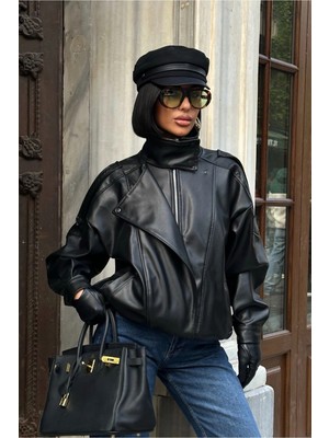 Meecy Zr Model Dik Yaka Fermuarlı Apolet Detaylı Astarlı Deri Ceket