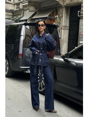Meecy Koyu Lacivert Bağlamalı Denim Takım Oversize Ceket ve Yüksek Bel Pantolon