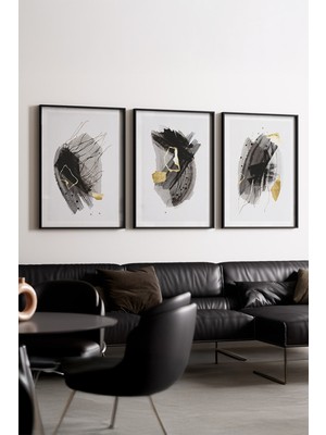 Huhuli Ahsap Siyah Cerceveli Minimalist 3’lu Tablo HUHU208