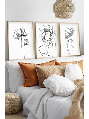 Huhuli Ahsap Cerceveli Minimalist Line Art 3'lu Tablo Seti HUHU534