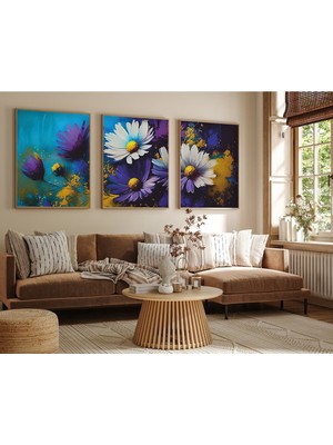 Huhuli Ahsap Cerceveli Yağli Boya Cicek 3’lu Tablo