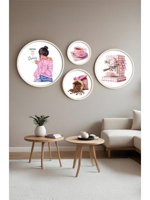 Huhuli Ahsap Cerceveli Modern 4'lu Yuvarlak Tablo Seti HUHU414