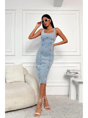 Meecy Jean Açık Mavi Askılı Uzun Yırtmaçlı Premium Denim Kot Elbise
