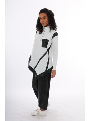 By Özlem Yazan Asimetrik Kesim Deri Detaylı Kadın Sweat