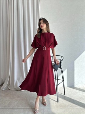 Meecy Kemer Detaylı Midi Elbise Bordo Renk Elbise
