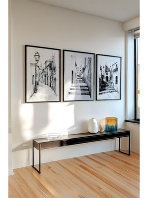 Huhuli Ahsap Siyah Cerceveli 3'lu Kara Kalem Tasarimli Tablo HUHU517