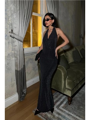 Meecy Pul Detaylı Simli Gece Elbisesi