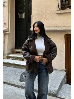 Meecy Kadın Oversize Ceket Koyu Kahverengi Siyah Uzun Kol Dik Yaka Standart Kesim