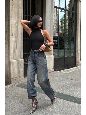 Meecy Kadın Baggy Jean Yüksek Bel Palazzo Esnek Kot Pantolon