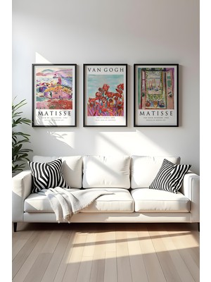 Huhuli Modern Siyah Ahsap Cerceveli 3’lu Tablo Seti | Van Gogh & Matisse HUHU268