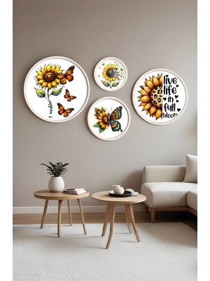 Huhuli Ahsap Cerceveli Modern 4'lu Yuvarlak Tablo Seti HUHU417