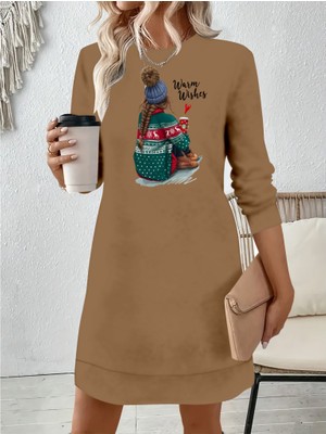 Etiler Collection Kadın Uzun Kollu Bisiklet Yaka Desenli Viskon Iki Iplik Elbise