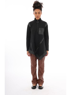 By Özlem Yazan Asimetrik Kesim Deri Detaylı Kadın Sweat