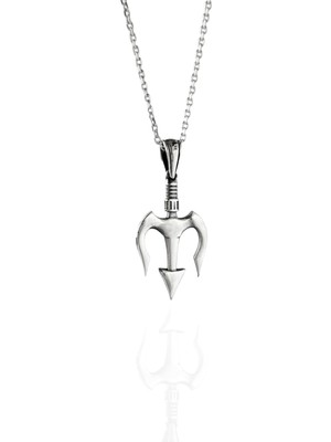 Poseidon'un Üç Dişli Mızrağı Parlak Unisex Tasarım 925 Ayar Gümüş Kolye