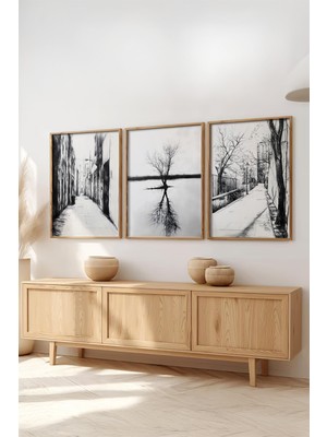 Huhuli Ahsap Cerceveli 3'lu Kara Kalem Tasarimli Tablo HUHU520