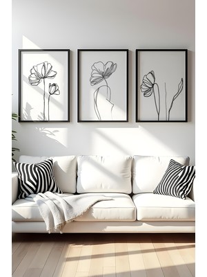 Huhuli Ahsap Siyah Cerceveli Minimalist Line Art 3'lu Tablo Seti HUHU535