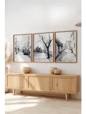 Huhuli Ahsap Cerceveli 3'lu Kara Kalem Tasarimlitablo HUHU518