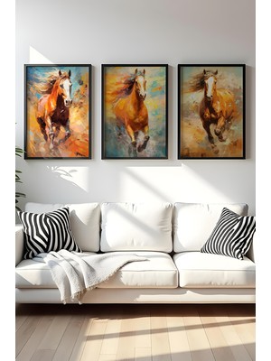 Huhuli At Temali 3'lu Ahsap Siyah Cerceveli Tablo Seti HUHU508