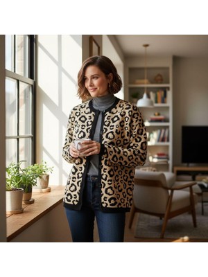 Eren Style Uzun Kollu Leopar Desenli Kaliteli Yünlü Hırka