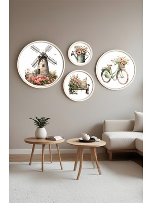 Huhuli Ahsap Cerceveli Modern 4'lu Yuvarlak Tablo Seti HUHU416