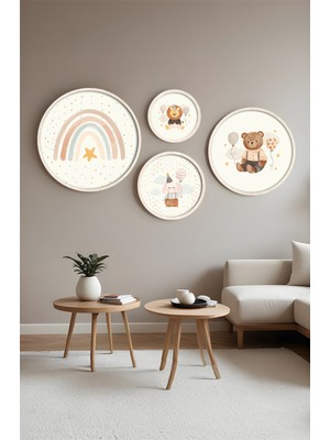 Huhuli Ahsap Cerceveli Modern 4'lu Yuvarlak Tablo Seti HUHU422