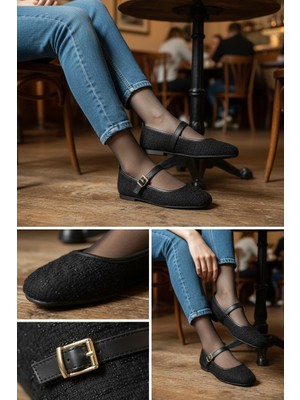 Marco Black Kadın Siyah Tüvit Kumaş Rahat Günlük Konforlu Düz Taban Klasik Trend Atkılı Babet