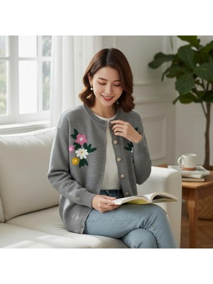 Eren Style Uzun Kollu Çiçekli Desenli Kaliteli Yünlü Hırka