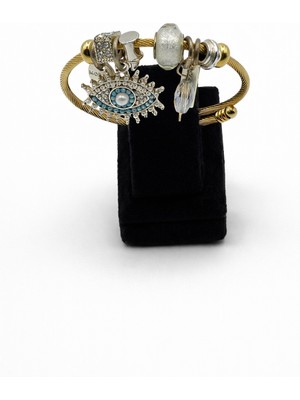 Pangu Nazar Göz Figürlü, Turkuaz Altın Renk Çelik Charm Bileklik