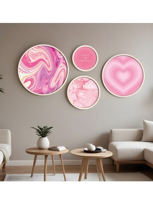 Huhuli Ahsap Cerceveli Modern 4'lu Yuvarlak Tablo Seti HUHU292