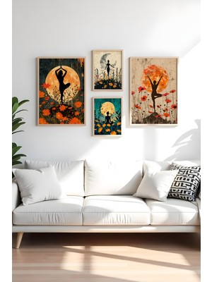 Huhuli Ahsap Siyah Cerceveli 4 Parca Set Tablo HUHU447