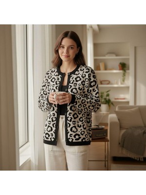 Eren Style Uzun Kollu Leopar Desenli Kaliteli Yünlü Hırka
