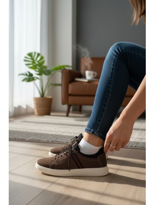 Enoch Hakiki Deri Lastikli Yazlık Kırmızı Şerit Detaylı Erkek Sneaker Ortopedik Taban