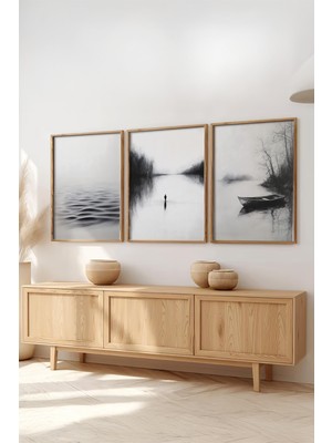 Huhuli Ahsap Cerceveli 3'lu Kara Kalem Tasarimli Tablo HUHU519