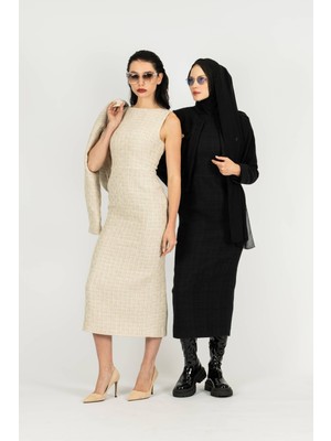 By Özlem Yazan Tüvit Dokulu Yırtmaçlı Kalem Kadın Elbise
