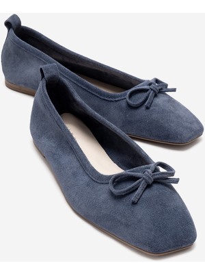 Luvi Sosa Kot Mavi Süet Hakiki Deri Küt Burunlu Fiyonklu Kadın Babet Ayakkabı