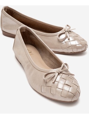 Luvi 03 Açık Bej Simli Hakiki Deri Kadın Babet Ayakkabı