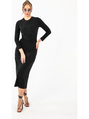 By Özlem Yazan Drapeli Uzun Belden Oturtmalı Kadın Elbise