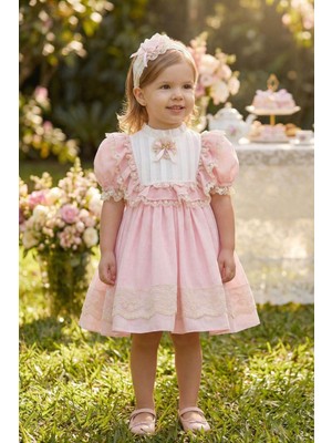 Pamina Kız Bebek Vintage Dantelli Elbise ve Saç Bandı 6-24 Ay Pembe