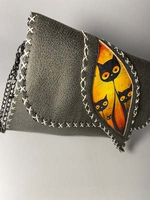 Pink Kedi Desenli Etnik Model Gri Clutch Çanta
