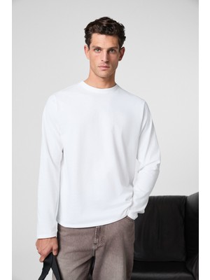 Grimelange Gravs Erkek %100 Pamuklu Yumuşak Kumaşlı Yuvarlak Yakalı Uzun Kollu Ekru T-Shirt