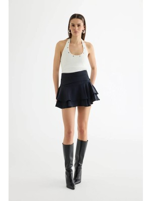 Quzu Katlı Volanlı Mini Siyah Kadın Etek ETK01363