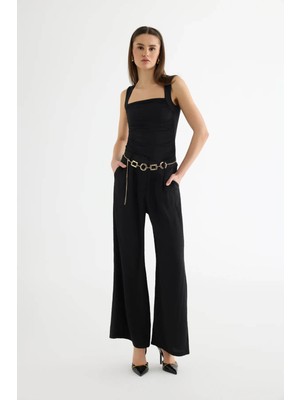 Quzu Zincir Kemerli Saten Siyah Kadın Pantolon PNT01456