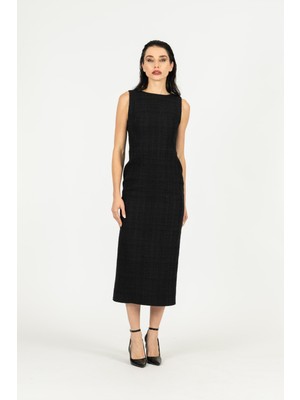 By Özlem Yazan Tüvit Dokulu Yırtmaçlı Kalem Kadın Elbise