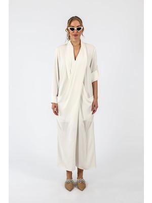 By Özlem Yazan Flower Dökümlü V Yaka Dokuma Uzun Kadın Elbise