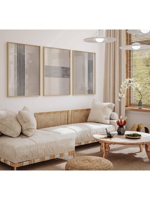 Pam Studio Bej Siyah Minimal Çizgili 3’lü Tablo Seti – Modern Soyut Duvar Dekoru