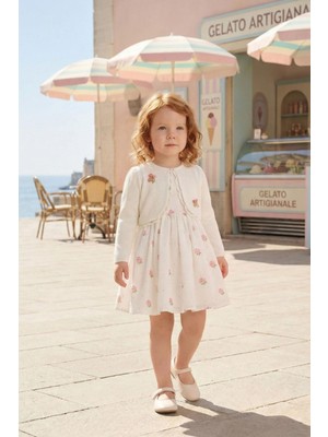 Pamina Kız Bebek Işlemeli Gül Desenli Elbise ve Ceket Takımı 6-24 Ay Ekru