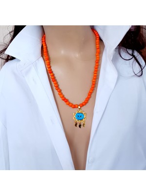 Sinem Şanlı Atelier Ares Turuncu Cam Boncuk Telkari Süryani Nazar Taşlı Tasarım Kolye