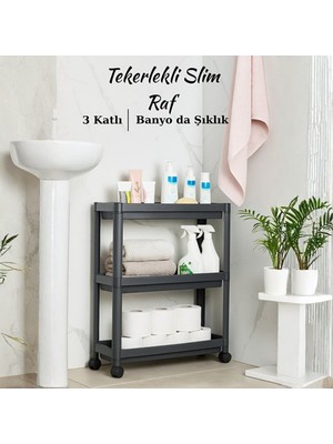 Welcomein Slim 3 Katlı Tekerlekli Banyo Organizeri - Gri Plastik Raf Düzenleyici