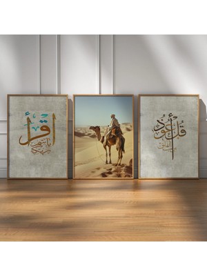 Pam Studio Hat Yazılı Dini Tablo 3’lü Set | Deve Figürlü Çöl Teması | Ayetli Manevi Duvar Tablosu